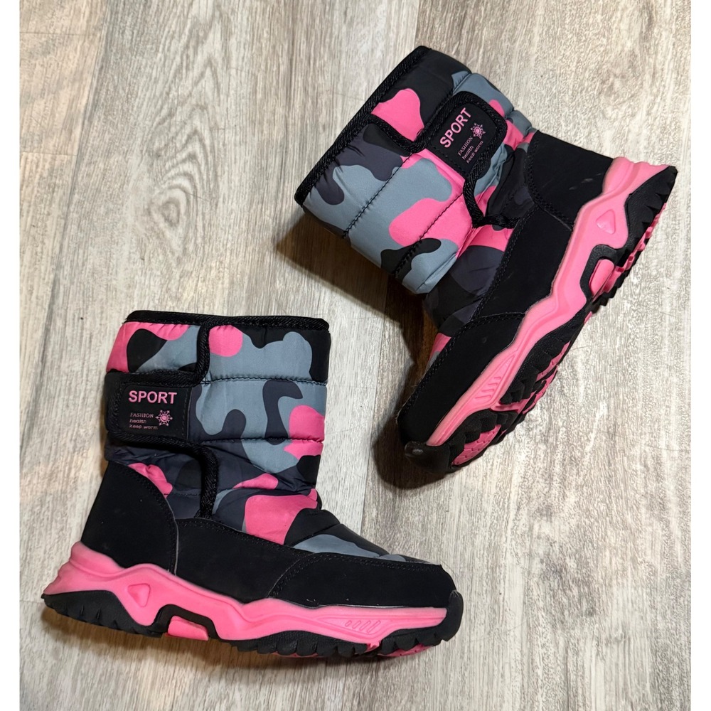 Kids Camo Sport Snow Boots Pink Black Winter‎ Warm Lined Size 33 1.5